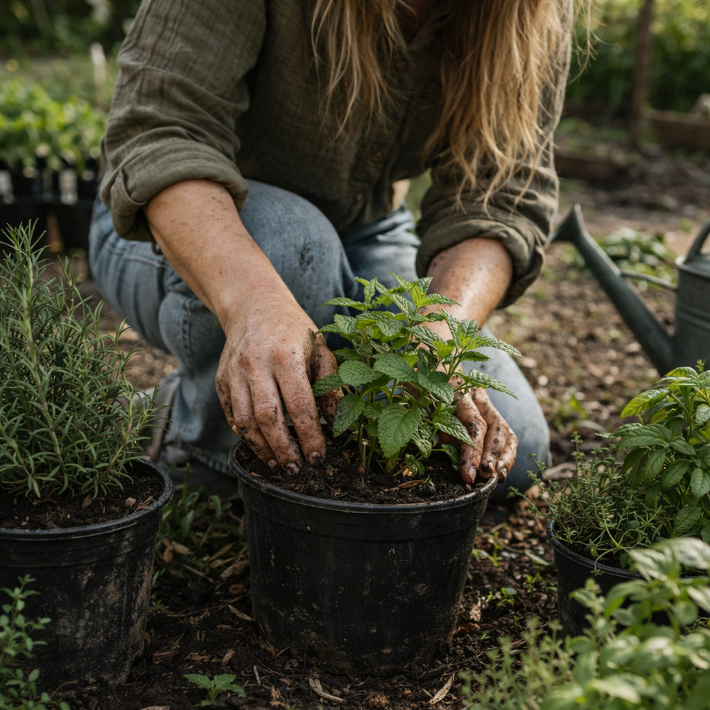 kruidenkweker verzorgt kruidenplanten in de kwekerij